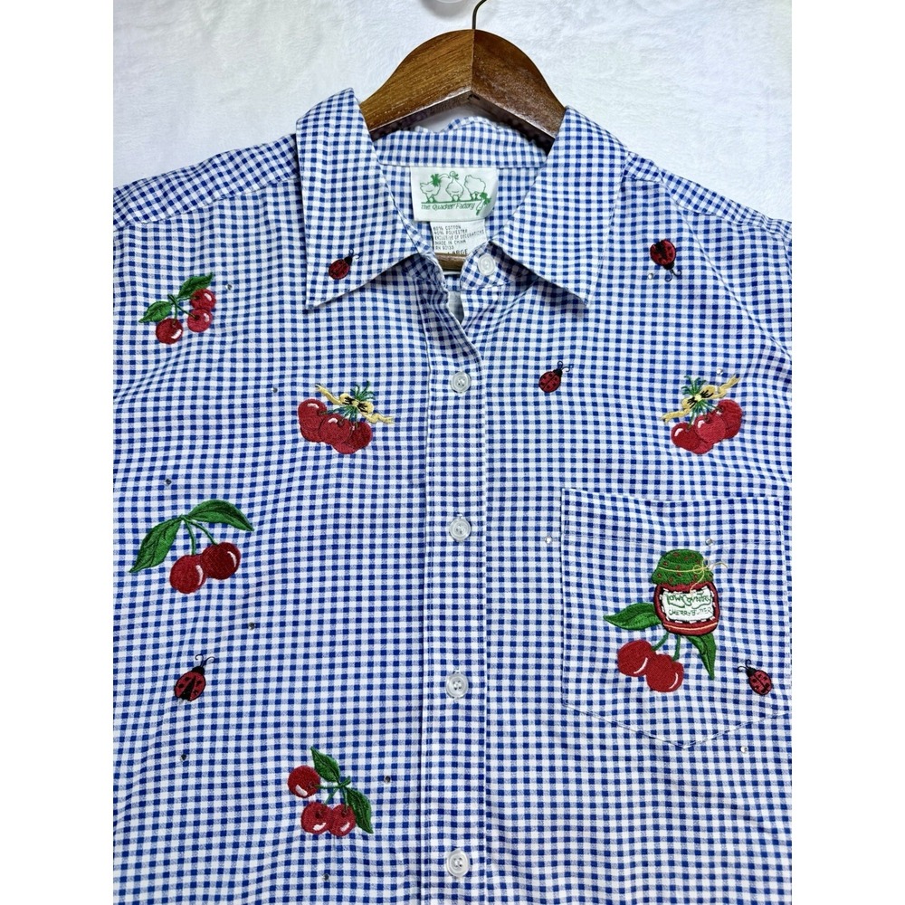 The Quacker Factory Women's Lg Blue Gingham Cherry Jam Ladybug Rhinestone Blouse